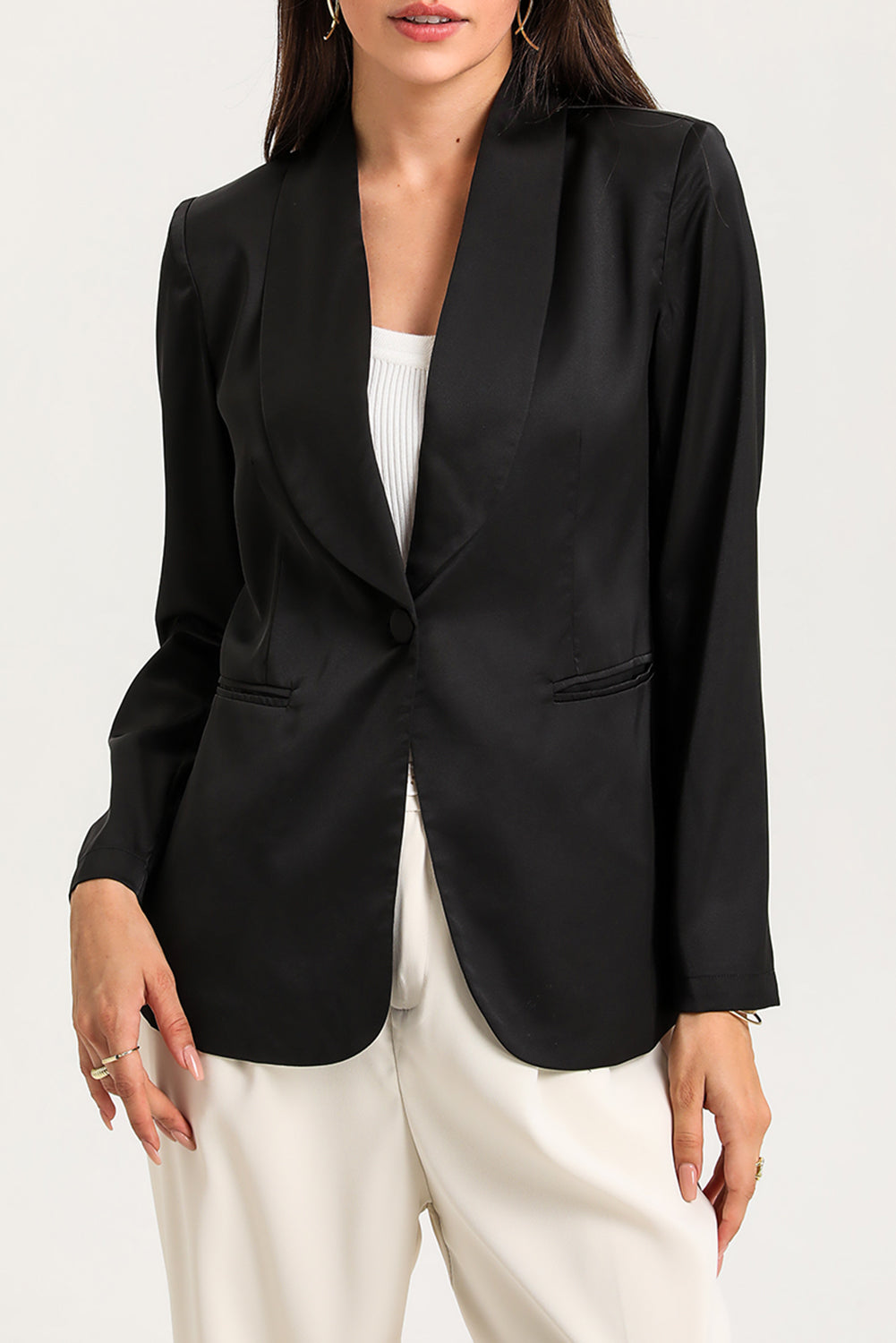 Black Collared Neck Single Breasted Blazer with Pockets