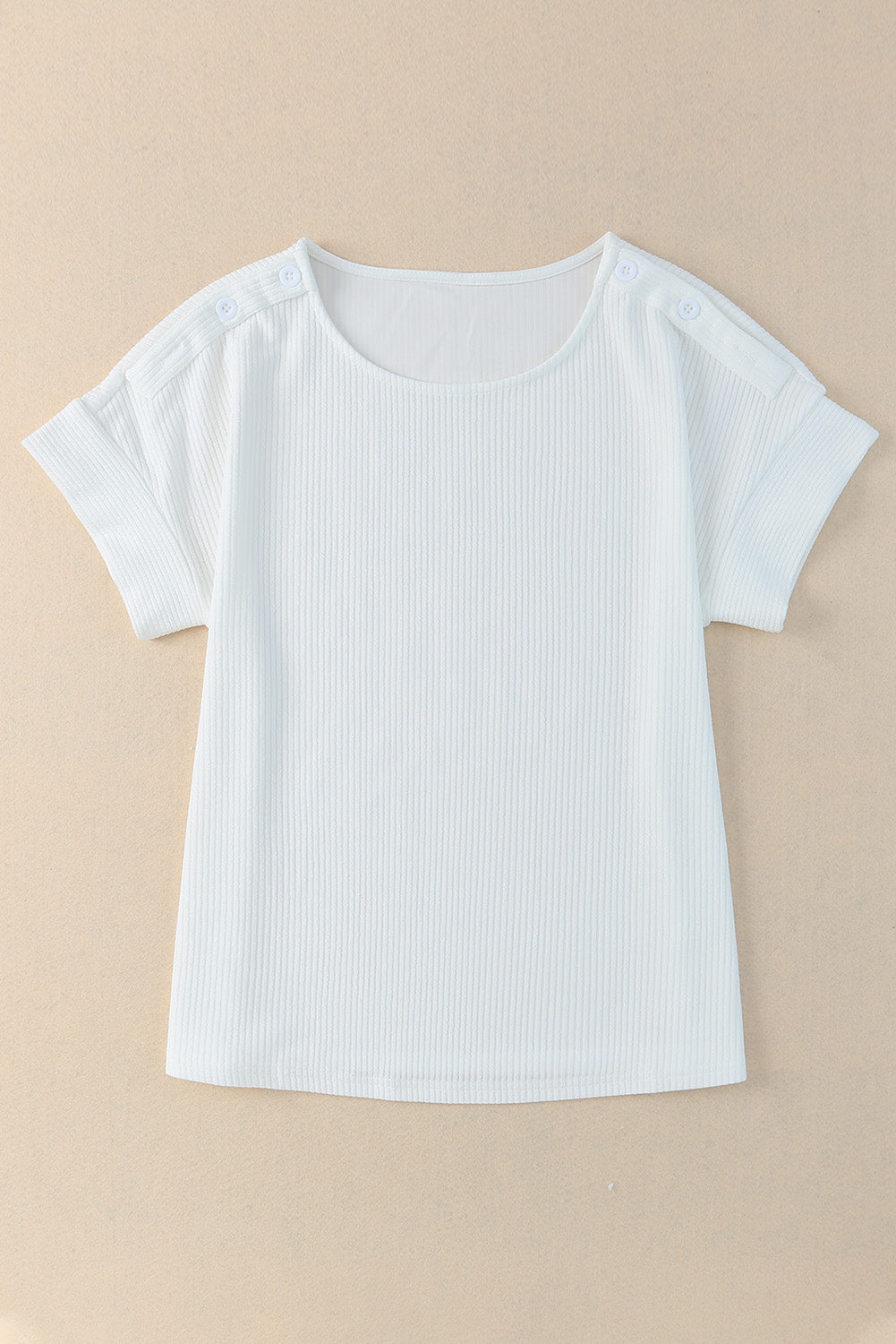 White Ribbed Texture Buttoned Shoulder Top