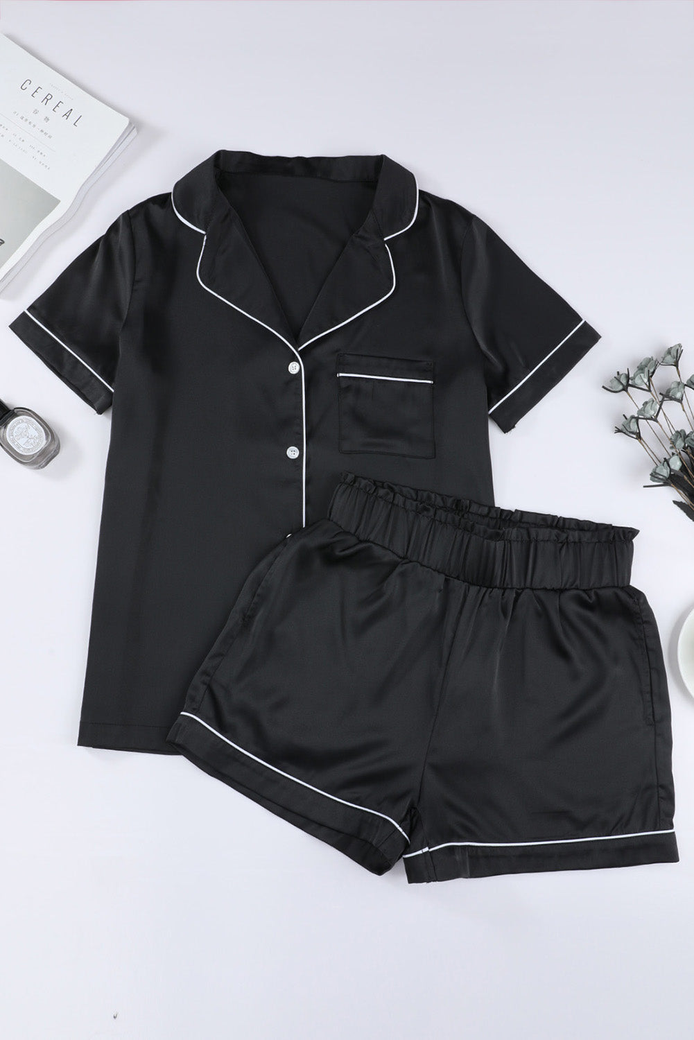 Black Contrast Trim Short Sleeve Two-piece Pajamas Set