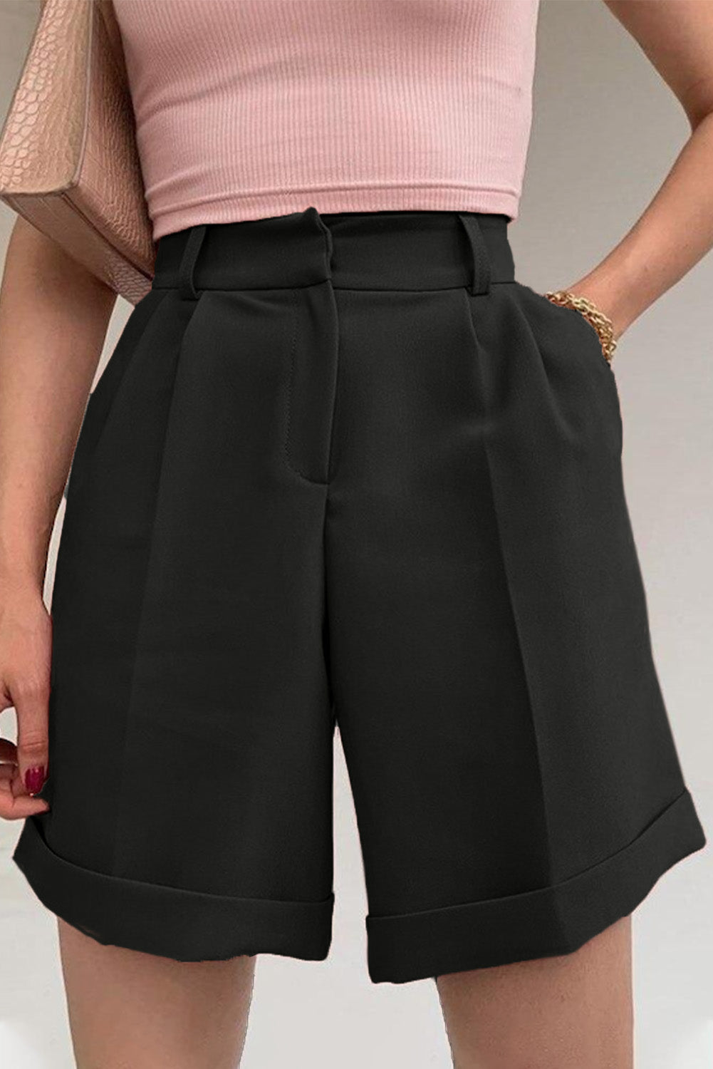 Black Casual Pocketed High Waist Bermuda Shorts