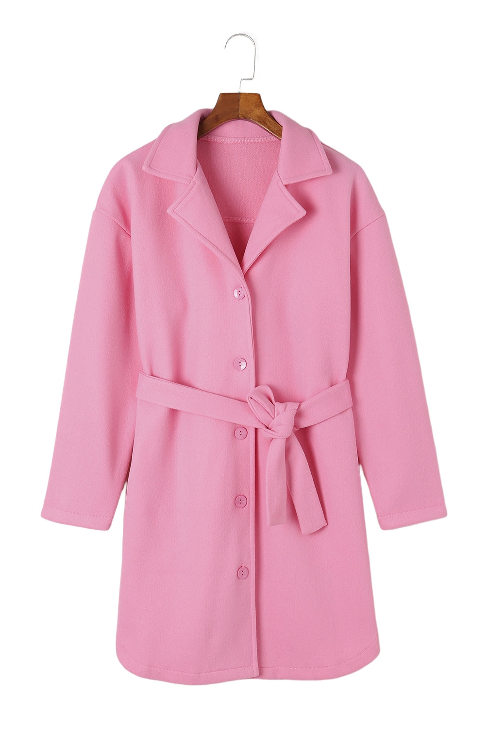 Pink Solid Color Buttoned Coat with Tie