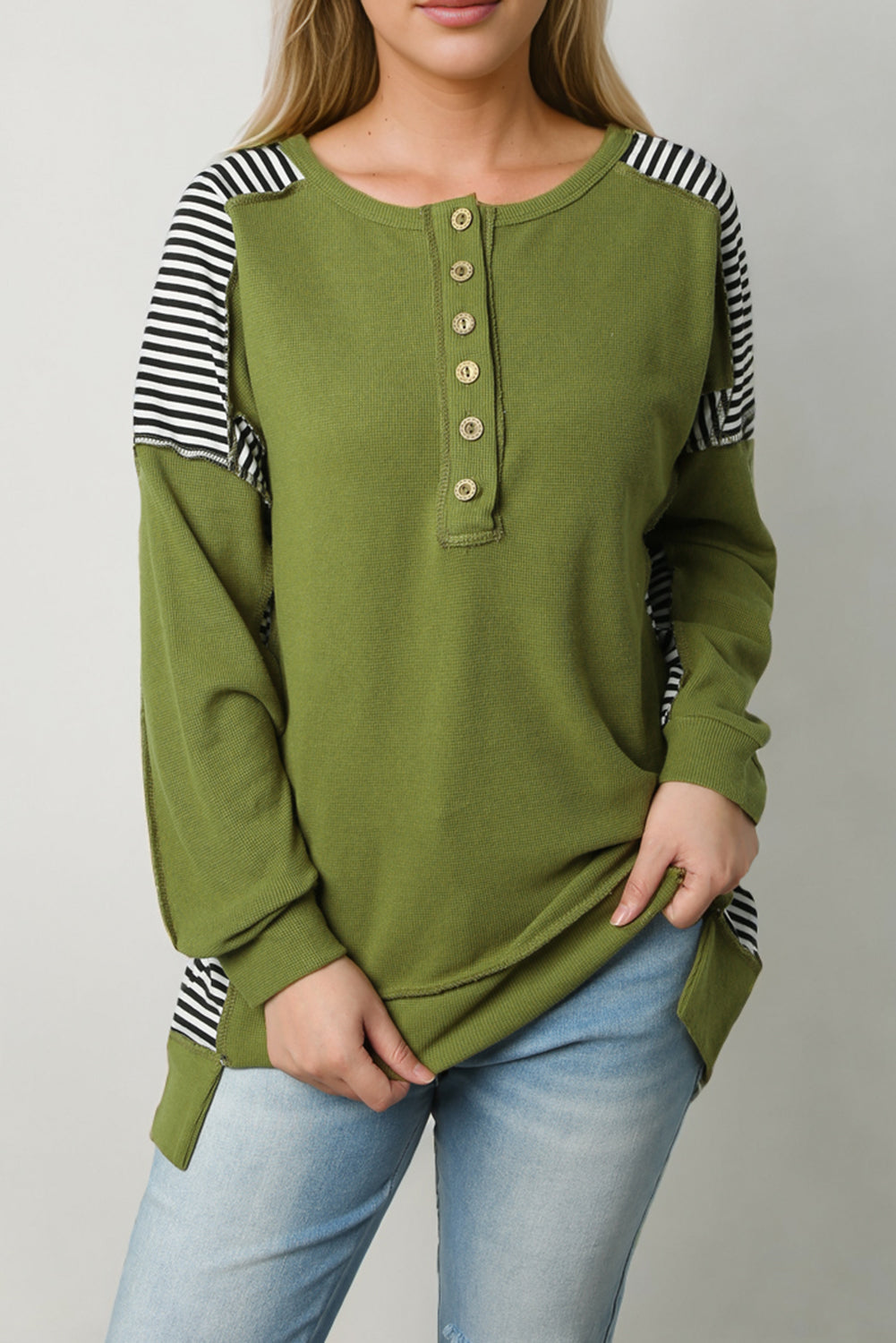 Green Striped Patch Exposed Seam Henley Sweatshirt
