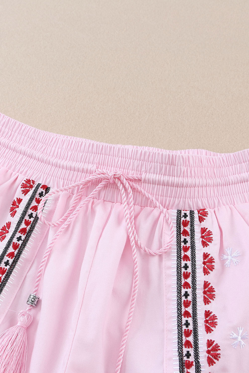 Pink Boho Embroidered Floral Tasseled Drawstring Waist Casual Shorts