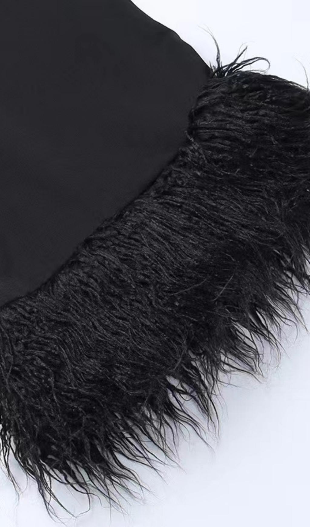 BLACK STRAPLESS FEATHER CORSET DRESS