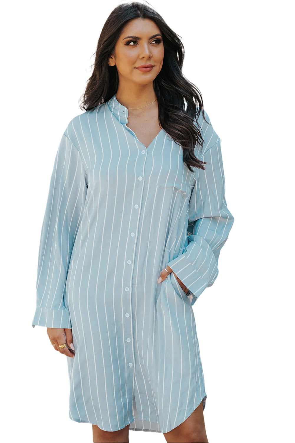 Sky Blue Striped Shirt Midi Dress with Sash