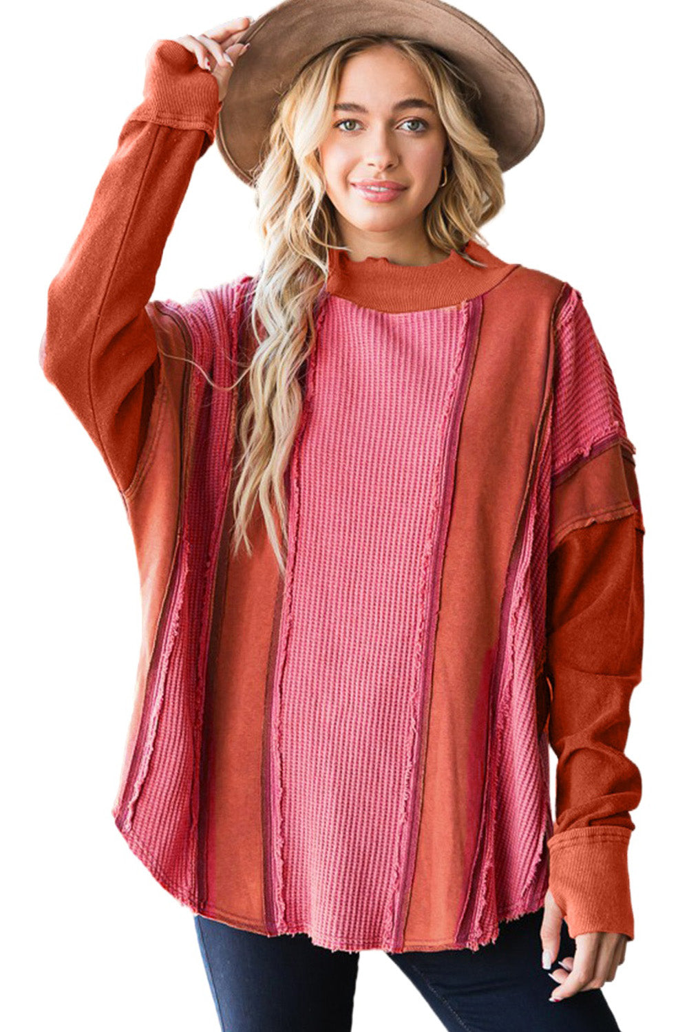 Red Waffle Knit Ripped Exposed Seam	Patchwork Top with Thumbhole