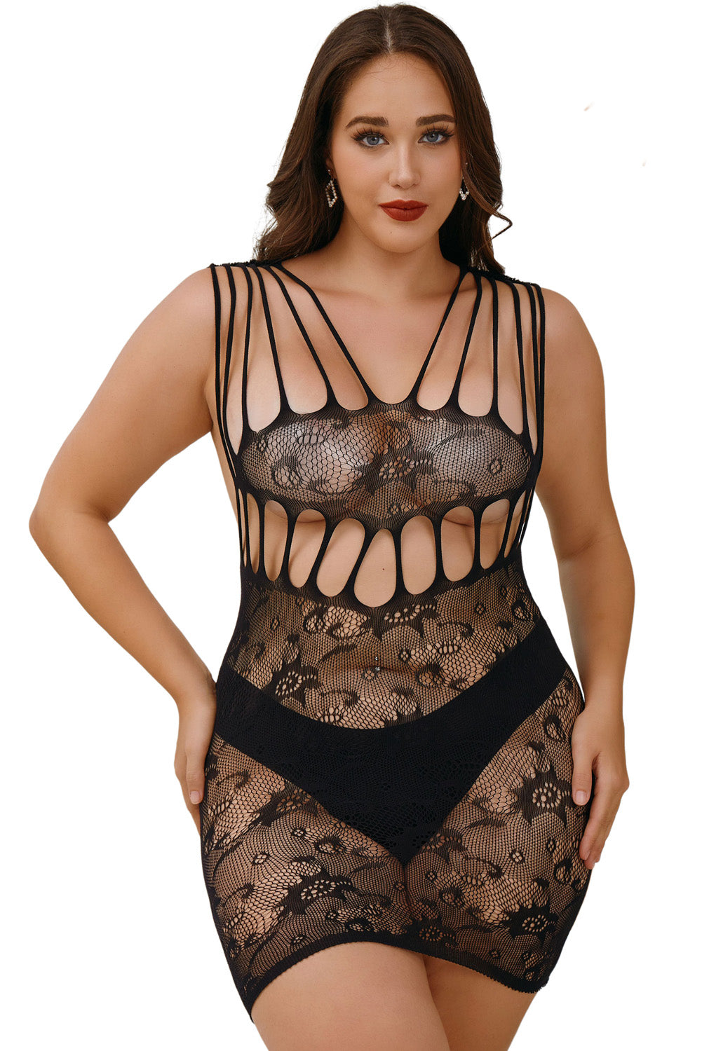 Black Plus Size Strappy Hollow-out Lace Chemise
