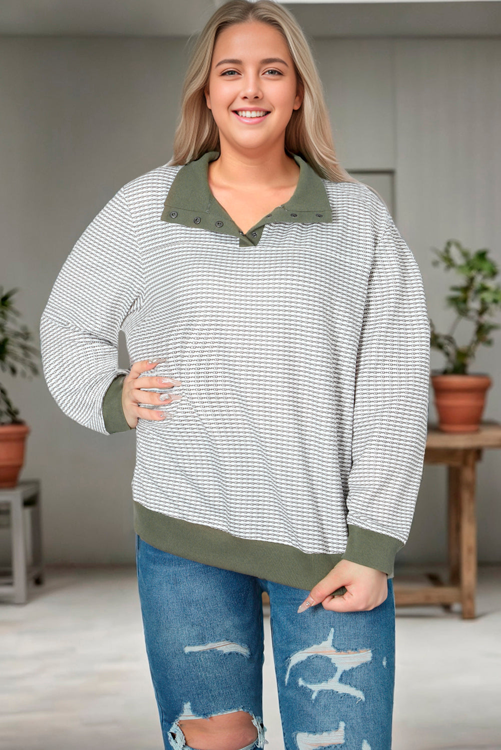 Green Striped Contrasting Trim Plus Size Henley Pullover