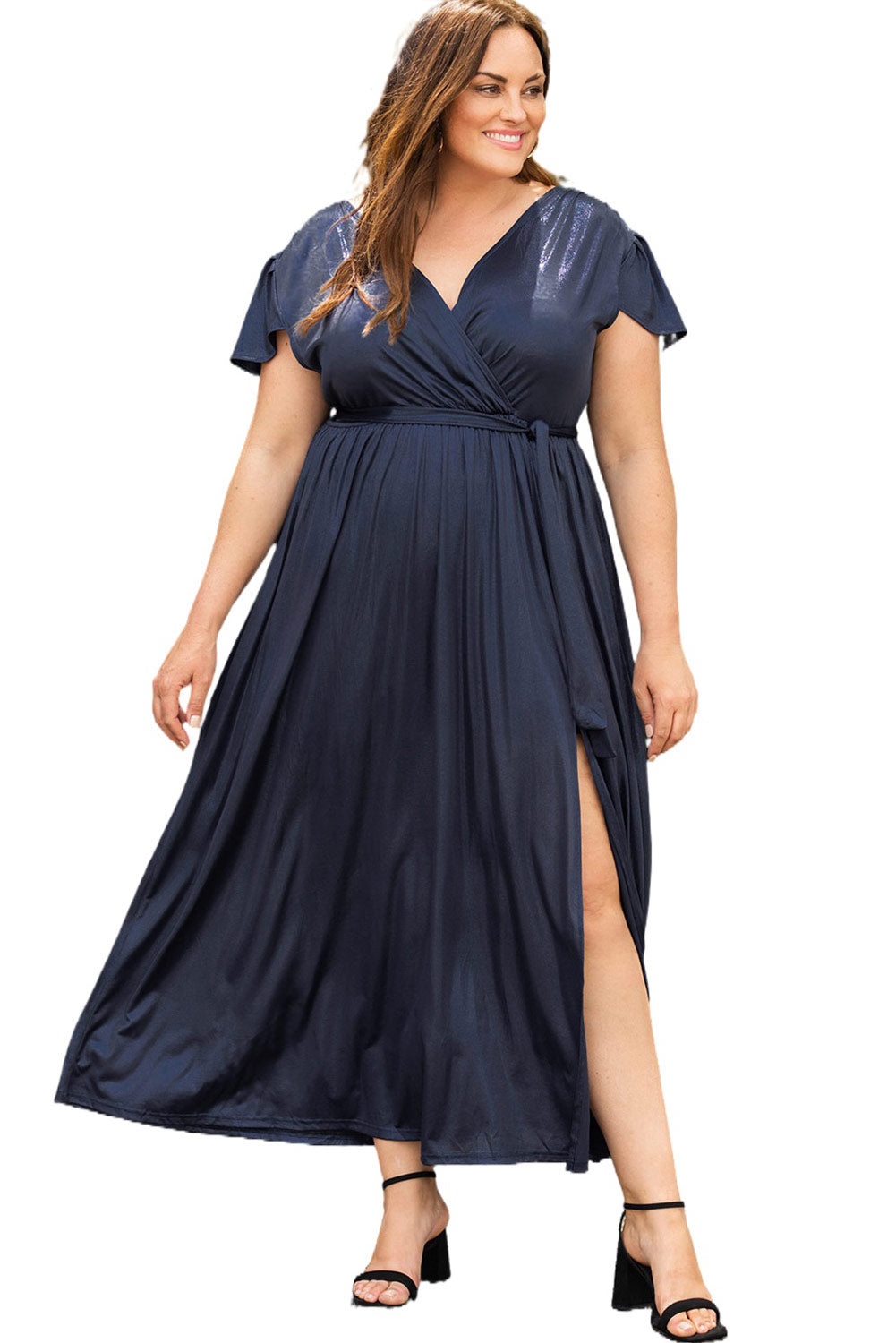 Blue Flutter Sleeve Wrap V Neck Plus Size Belted Dress