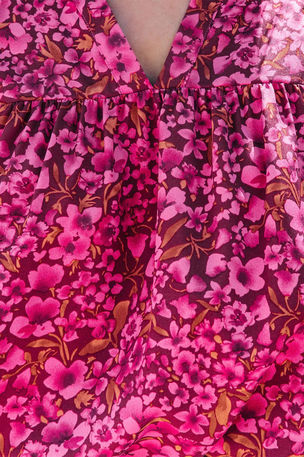 Khaki Floral Print Tiered Flutter Sleeve V Neck Top