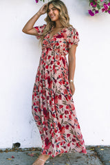 Red Floral Print Frilled V Neck Short Sleeve Maxi Dress