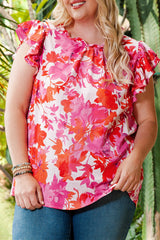 Rose Ruffle Tiered Sleeve Frill Neck Floral Plus Size Blouse