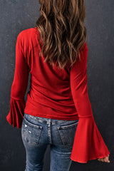 Red V Neck Knit Bell Sleeve Top