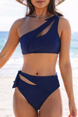 Blue Asymmetric Cutout Knotted High Waist Swimsuit
