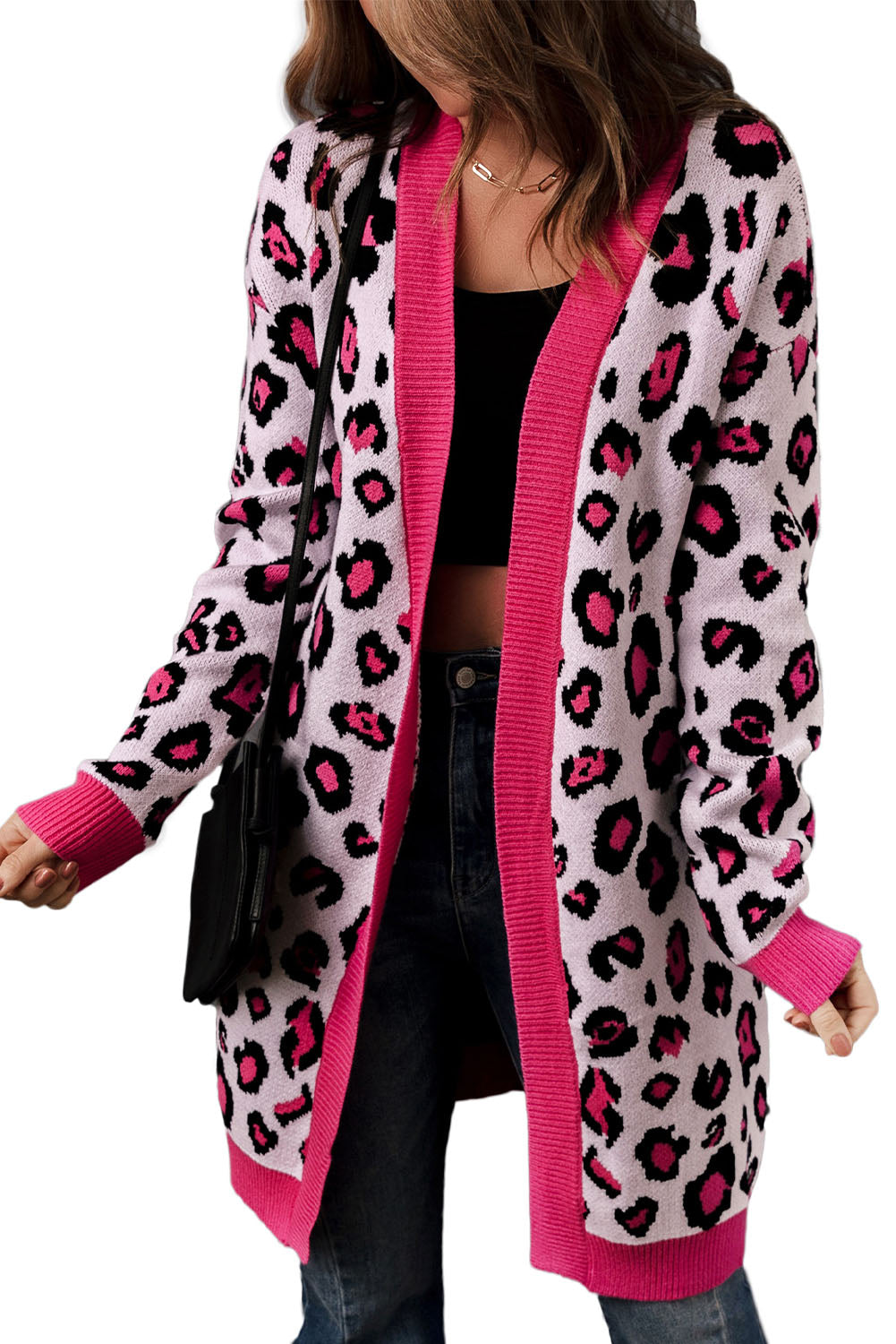 Rose Leopard Ribbed Trim Knitted Open Front Long Cardigan