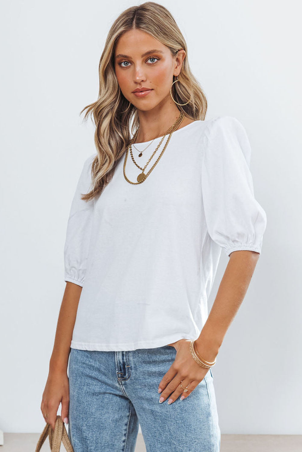 White Puff Sleeve Top with Keyhole Back