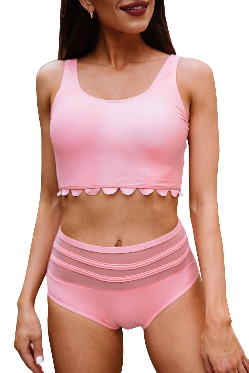 Pink Solid Scallop Crop Mesh Stitching High Waist Bikini