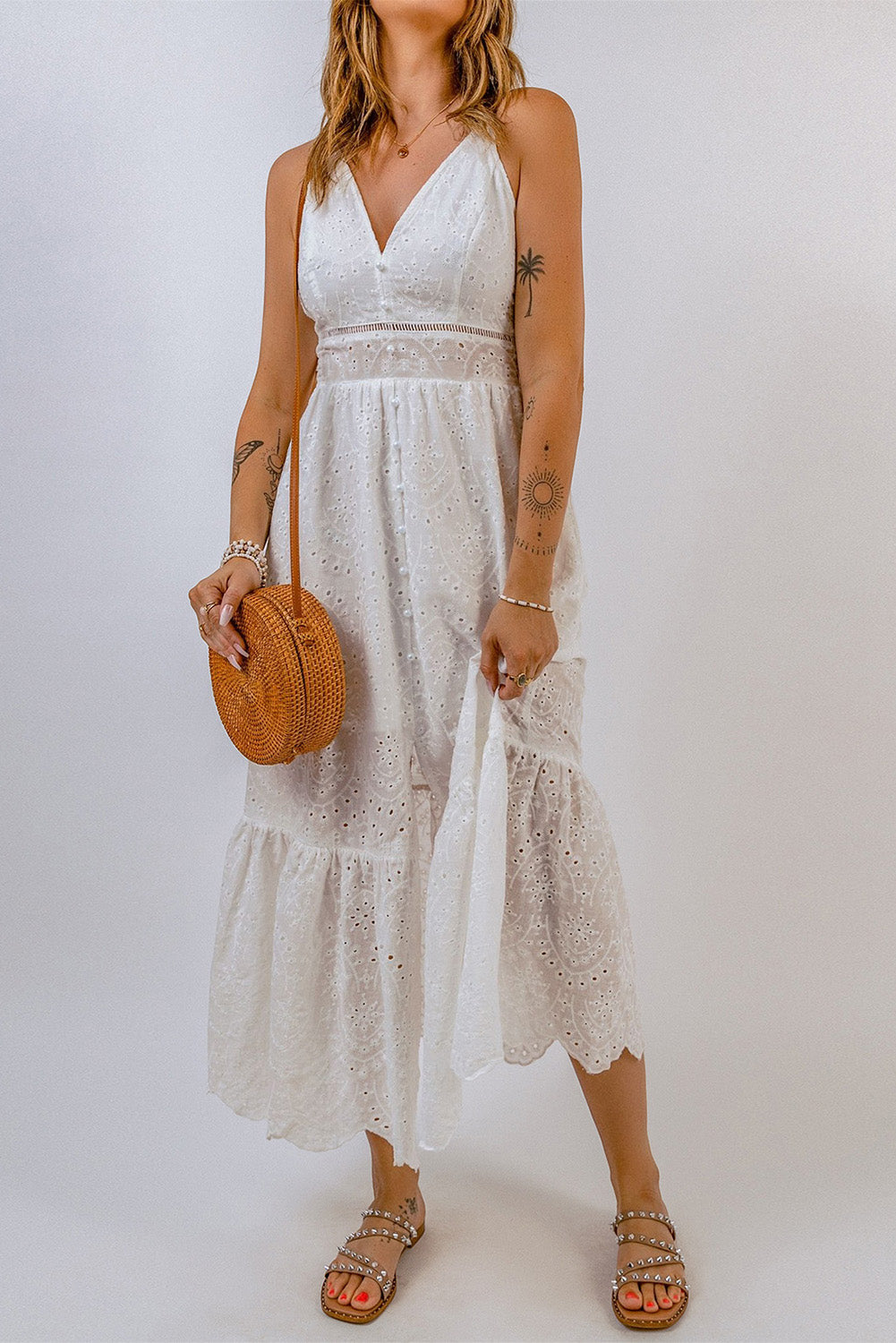 White Embroidered Spaghetti Straps Maxi Dress with Pearls