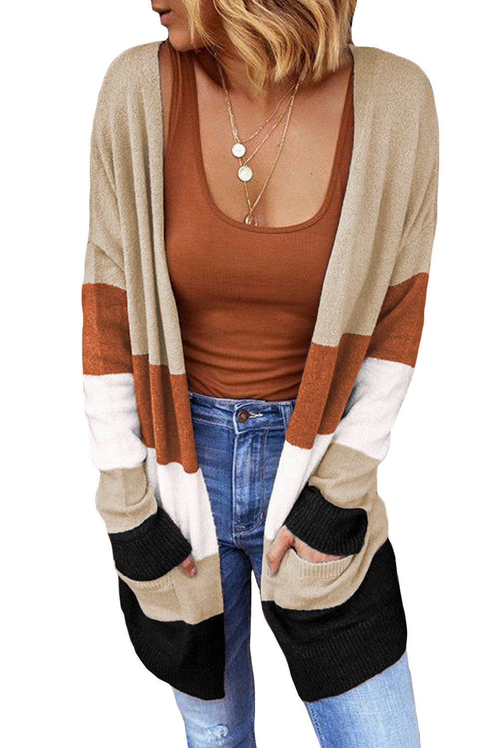 Khaki Open Front Colorblock Cardigan with Pockets