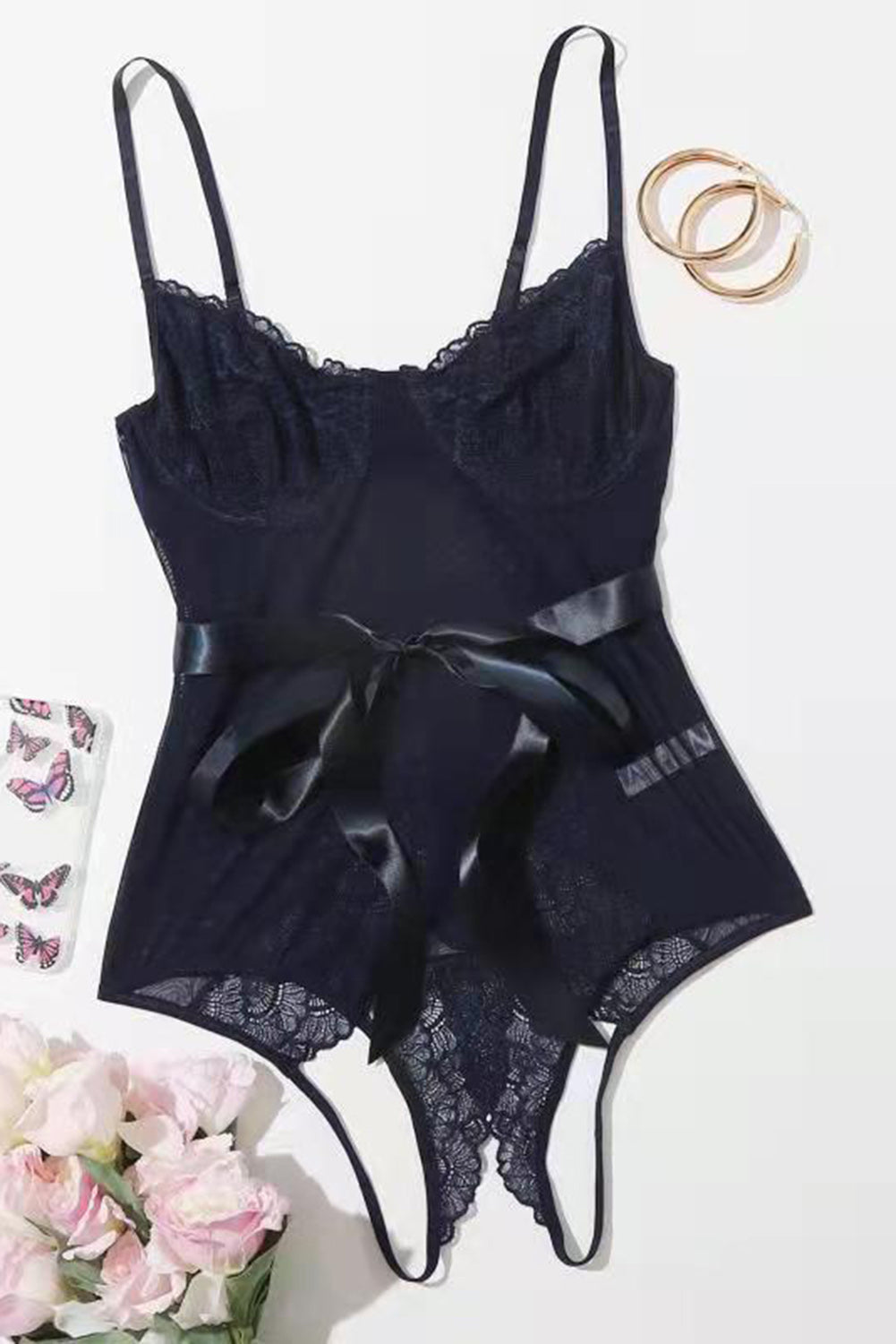 Blue Lace Splicing Bowknot Teddy Lingerie