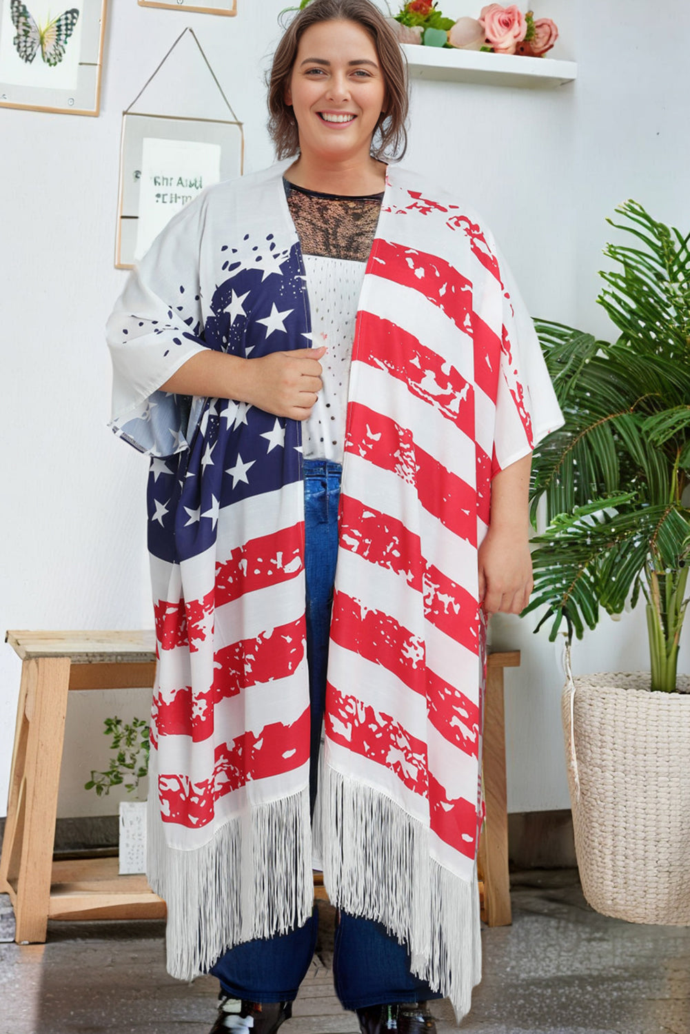 Multicolor Plus Size American Flag Tasseled 3/4 Sleeve Cardigan
