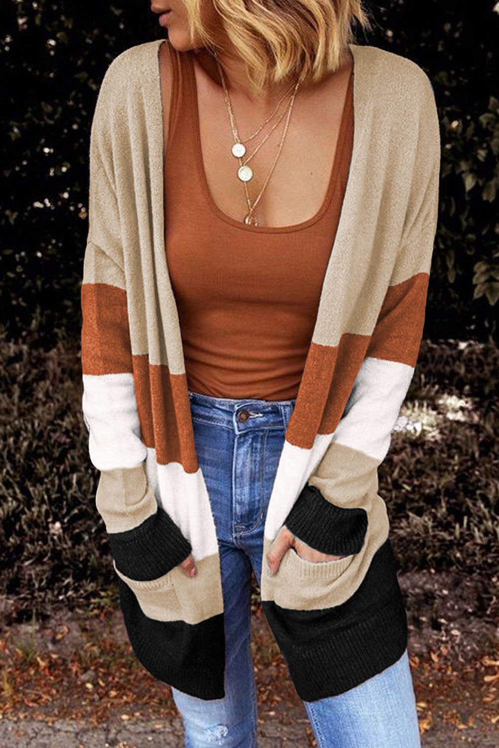 Khaki Open Front Colorblock Cardigan with Pockets