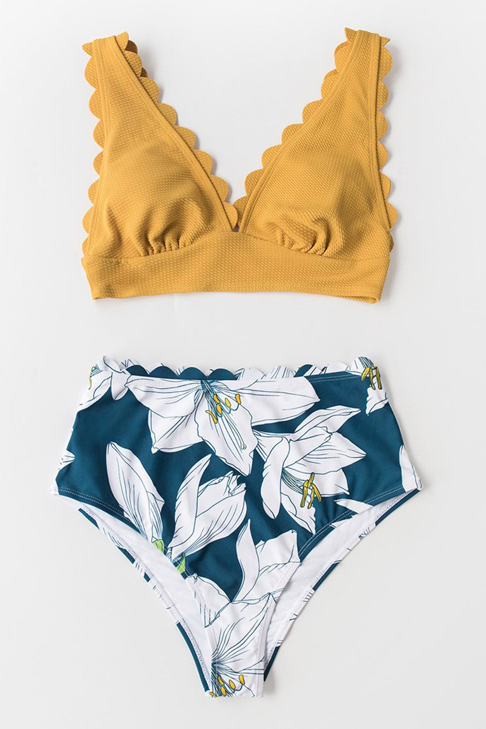 Yellow Solid V-Neck Scalloped Floral Bikini