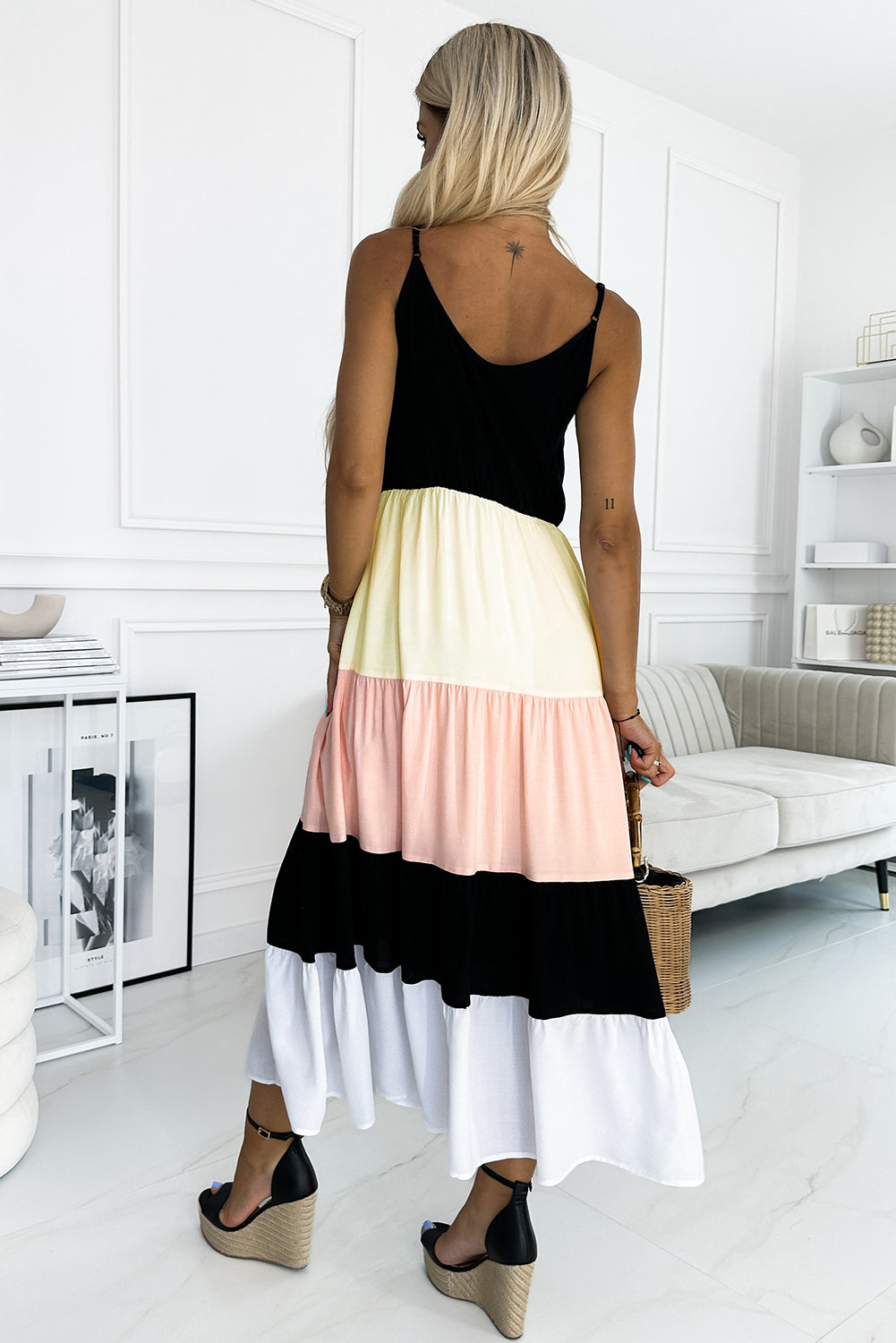 Black Color Block Sleeveless V Neck Long Dress