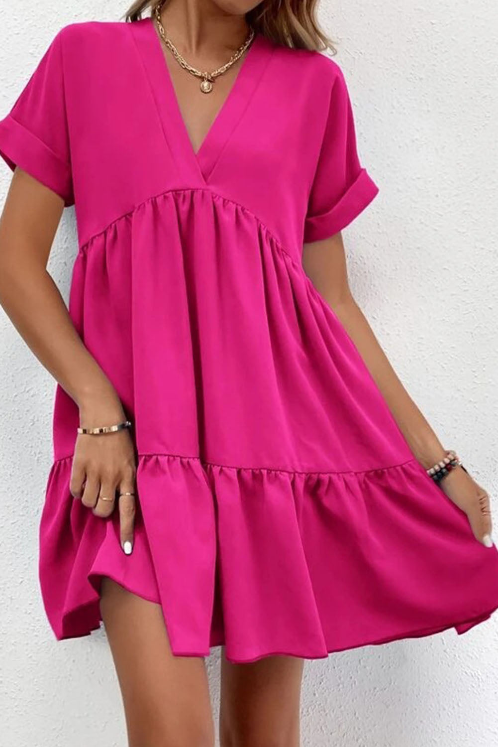 Rose Fresh and sweet V-neck solid color large swing casual skirt dress
