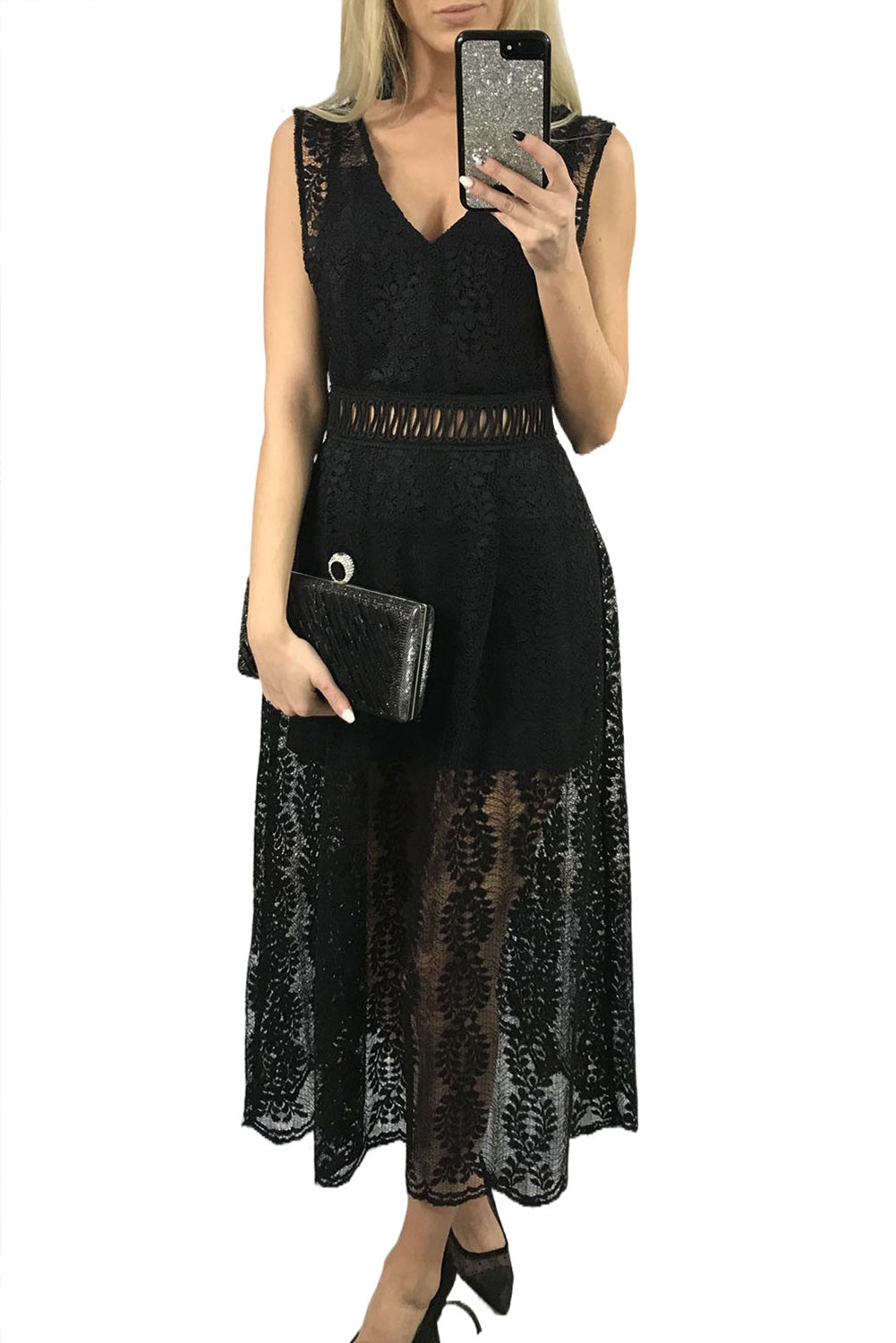Black Contrast Lace High Waist Sleeveless V Neck Long Dress