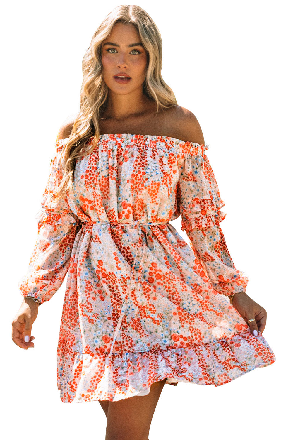 Red Floral Off The Shoulder Print Ruffled Dress with Tie