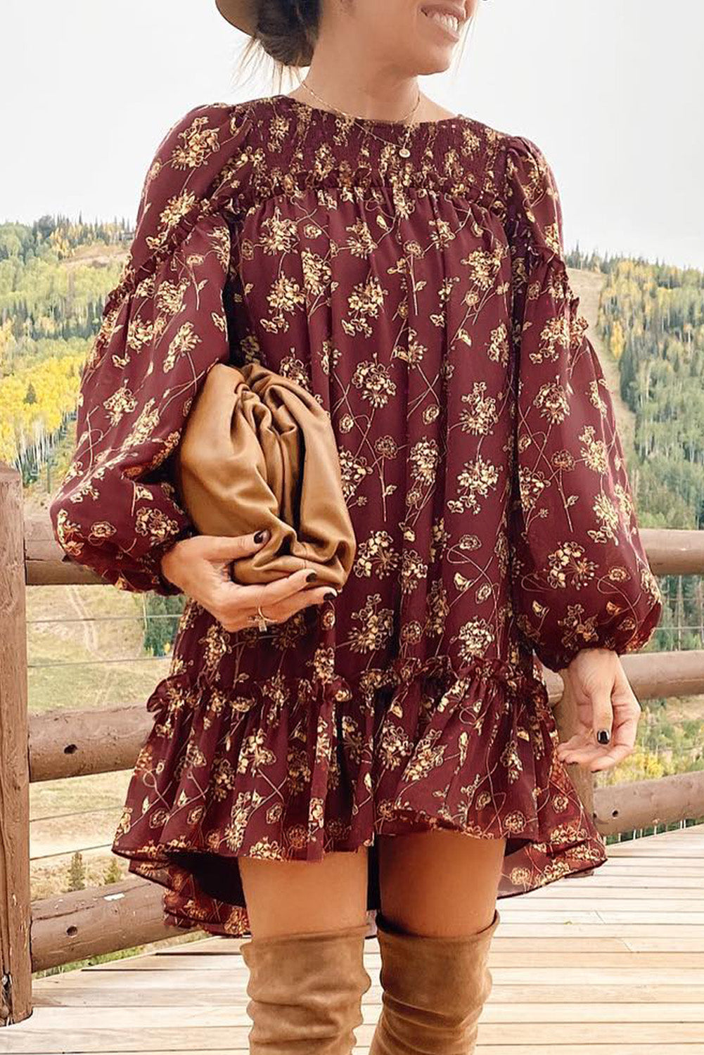 Red Ruffled Puff Sleeve High Low Floral Babydoll Dress