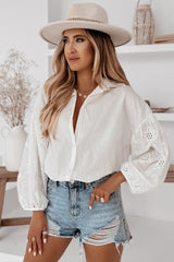 White Eyelets Embroidered Puff Sleeve Buttoned Shirt