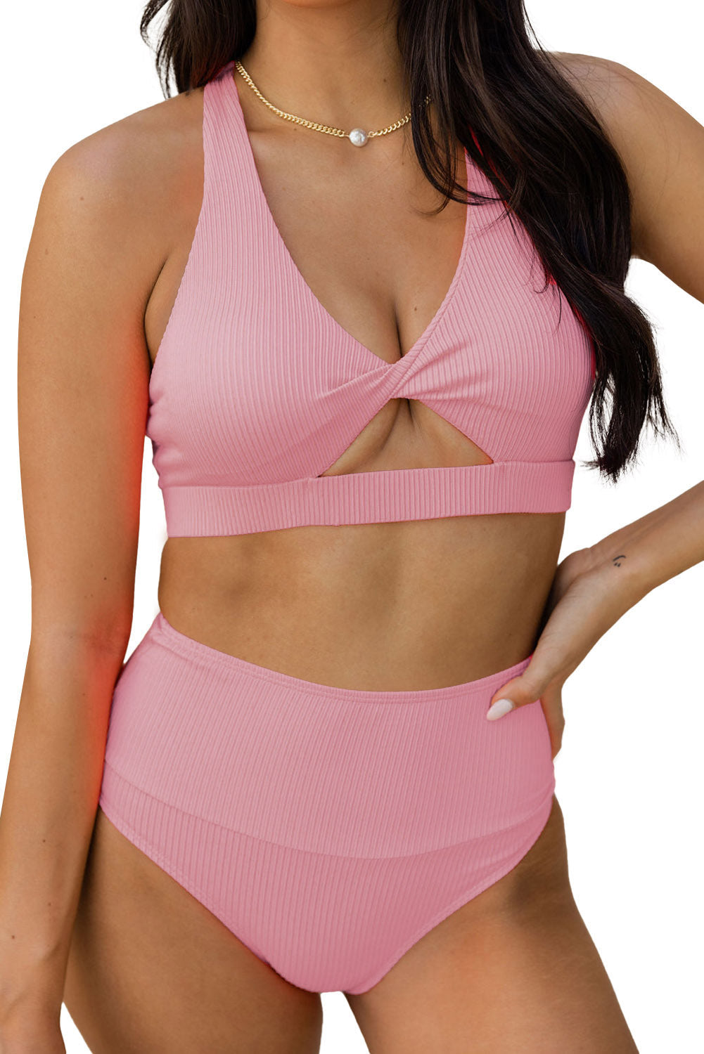 Pink Ribbed Twist Cut-Out High Waist Bikini Set