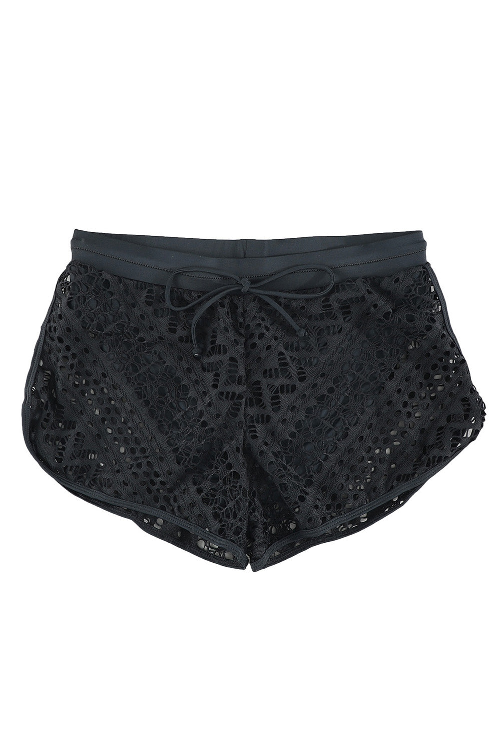 Black Hollow Out Lace Overlay Swim Short Bottom