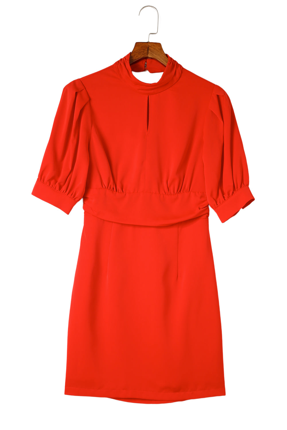 Red High Neck Lantern Sleeves Backless Mini Dress