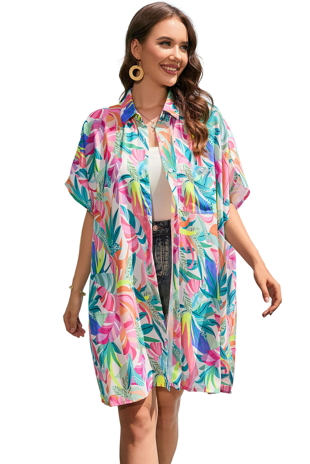 Multicolor Plant Print Button-up Half Sleeve Beach Cover Up