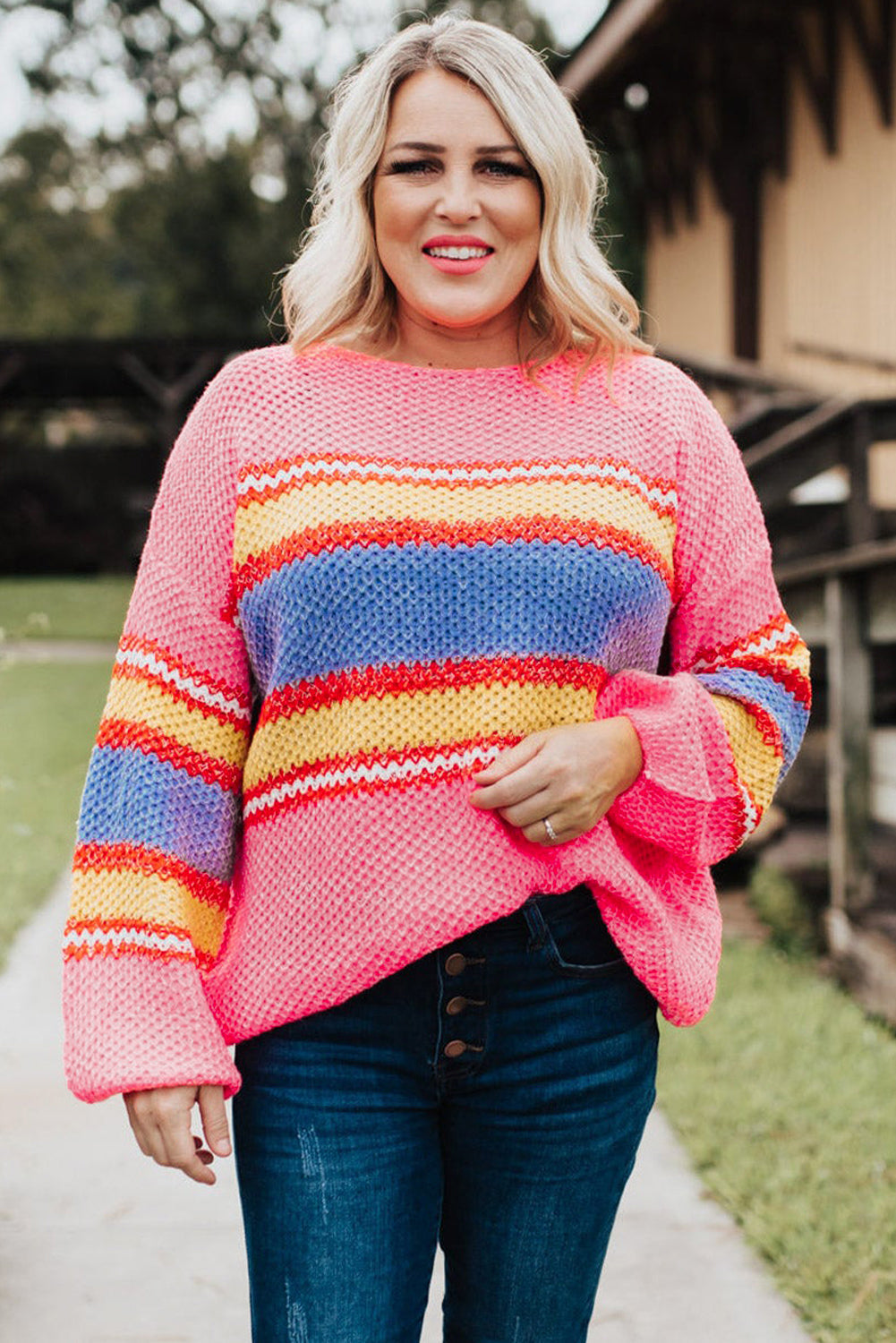 Pink Plus Size Stripe Oversized Sweater