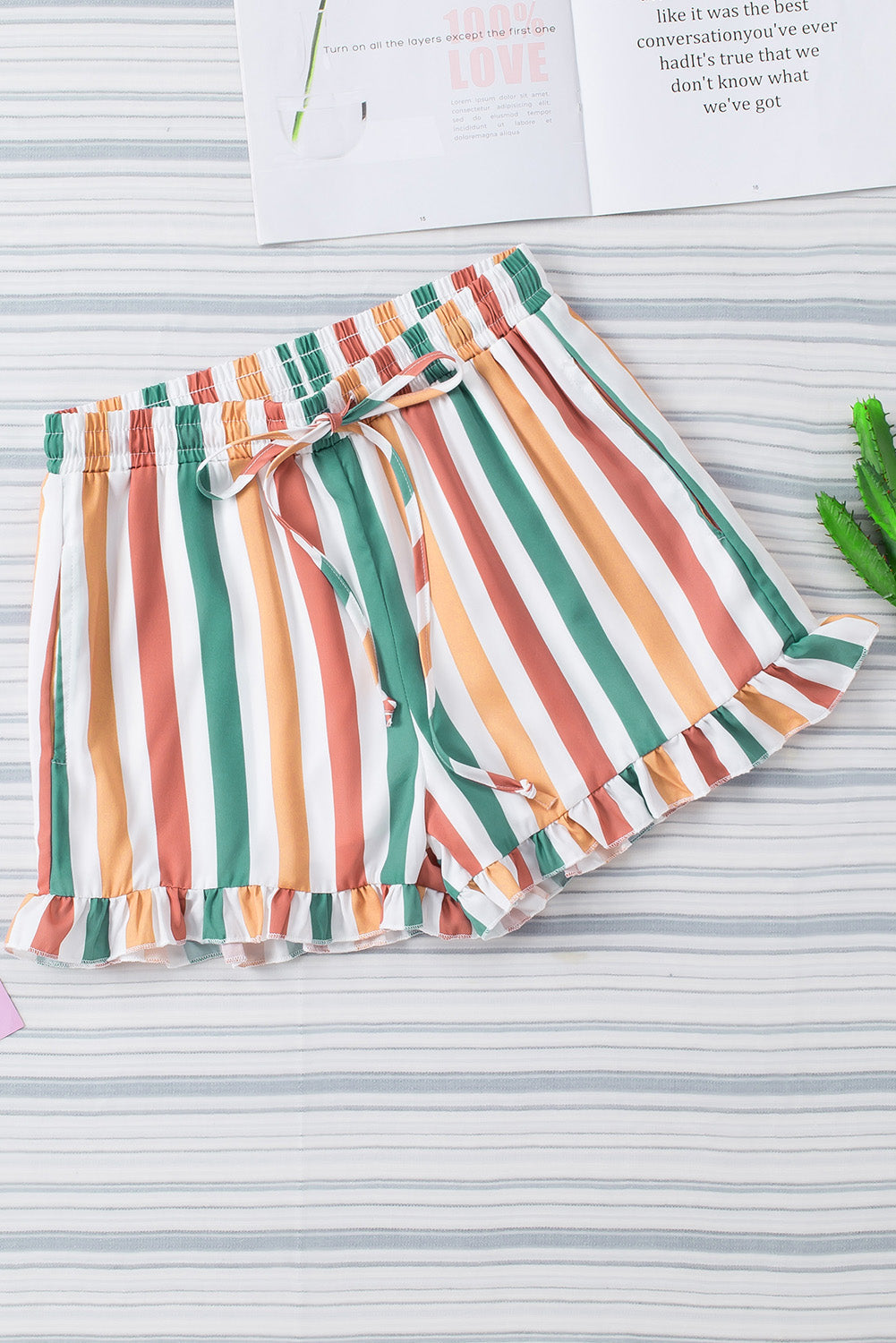 Multicolor Striped Ruffle Hem Drawstring Shorts