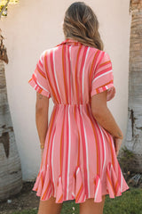 Red Stripe Print Rolled Short Sleeve V Neck Mini Dress