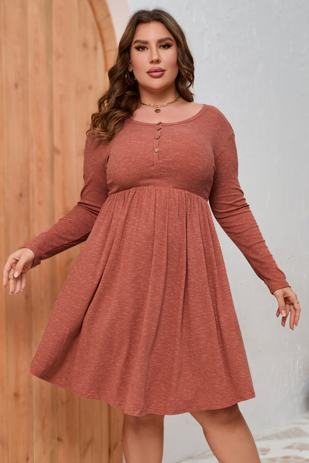 Red Plus Size Mineral Washed Ribbed Henley Dress