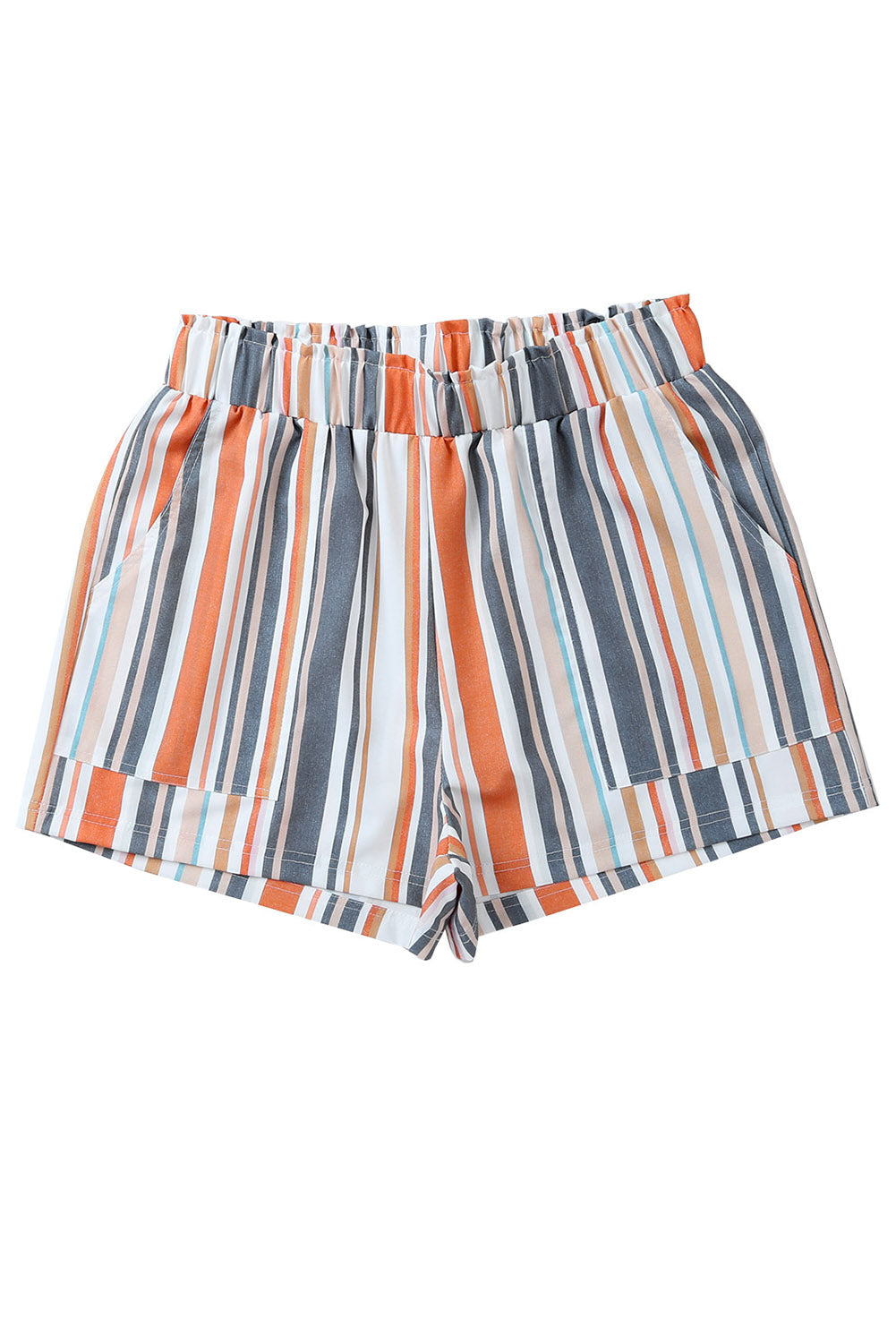 Stripe Vintage Washed Elastic Frill Waist Casual Shorts