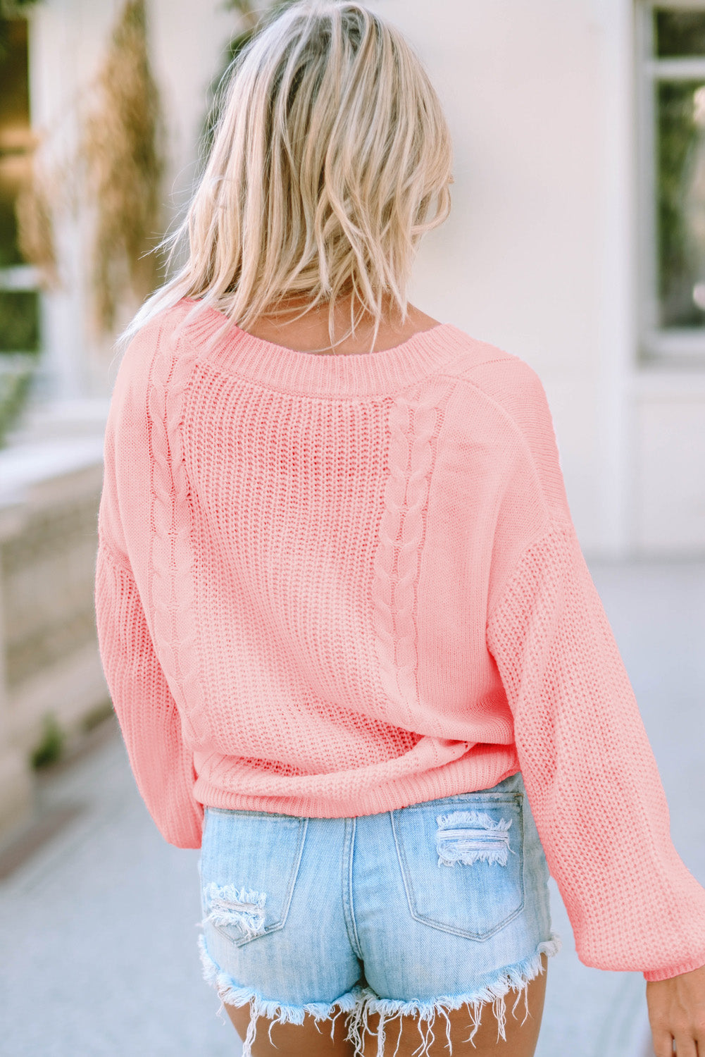 Pink V-Neck Long Sleeve Cable Knit Sweater