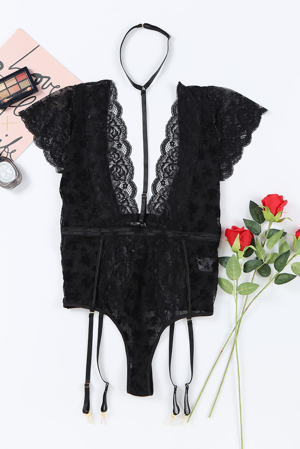 Black Plus Size Strappy Floral Lace Mesh Teddy Lingerie