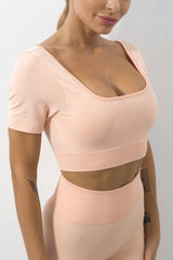 Pink 2pcs Solid Color Short Sleeve Crop Top and Leggings Set
