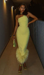 BANDAGE FEATHER BACKLESS MAXI DRESS IN YELLOW