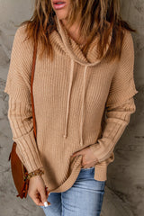 Khaki Cowl Neck Drawstring Patchwork Sleeve Sweater