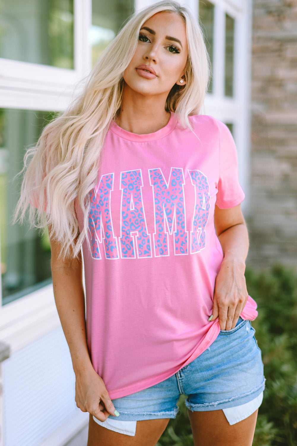 Pink MAMA Leopard Print O-neck Graphic T Shirt