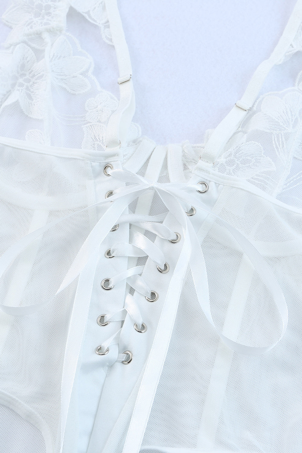White Lily Floral Embroider Sheer Lace Up Teddy