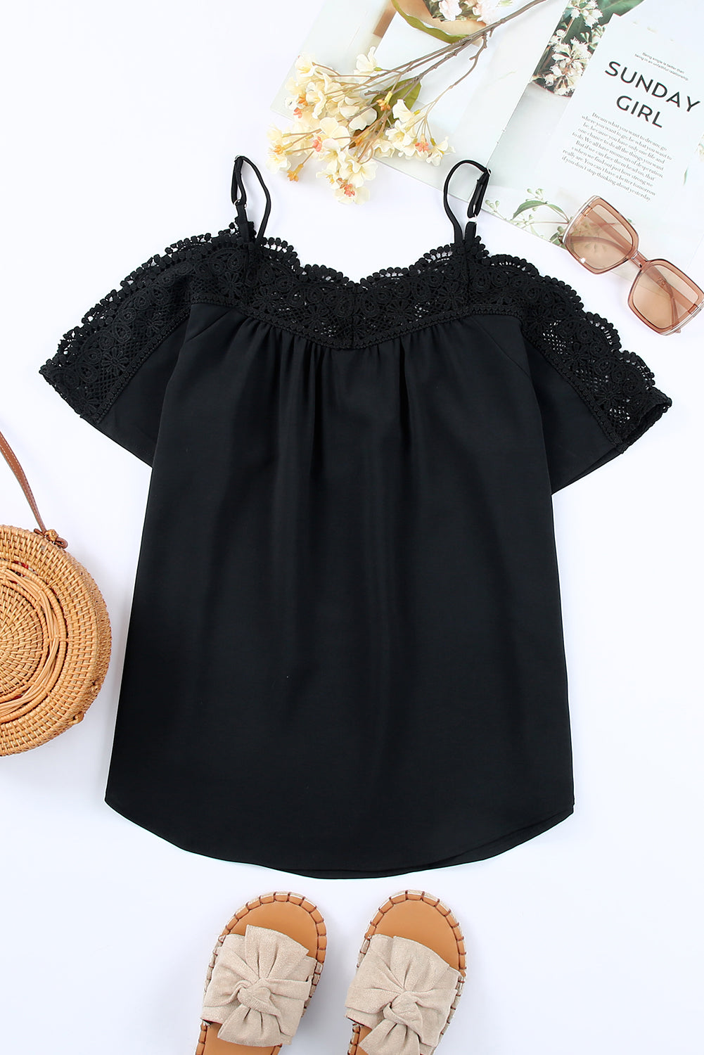 Black Crochet Neckline Off-shoulder Short Sleeve Top